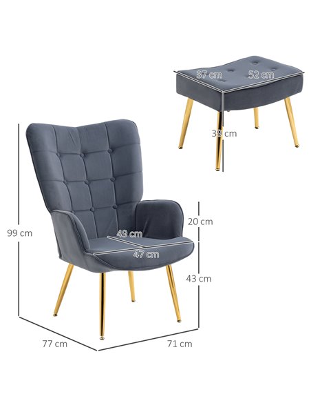 HOMCOM Upholstered Armchair w/ Footstool Set, Modern Button Tufted Accent Chair w/ Gold Tone Steel Legs, Wingback Chair for Livi - pic 56539 | FastDaddyshop