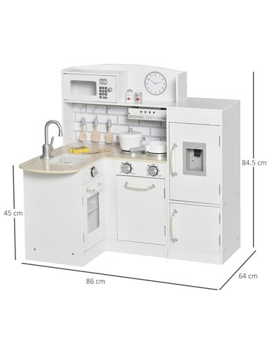 HOMCOM Kids Play Kitchen Wooden Toy Kitchen Cooking Set for Children with Drinking Fountain, Microwave, and Fridge White