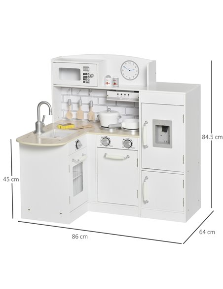 HOMCOM Kids Play Kitchen Wooden Toy Kitchen Cooking Set for Children with Drinking Fountain, Microwave, and Fridge White - pic 5654 | FastDaddyshop