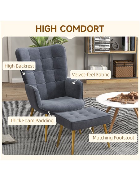 HOMCOM Upholstered Armchair w/ Footstool Set, Modern Button Tufted Accent Chair w/ Gold Tone Steel Legs, Wingback Chair for Livi - pic 56540 | FastDaddyshop