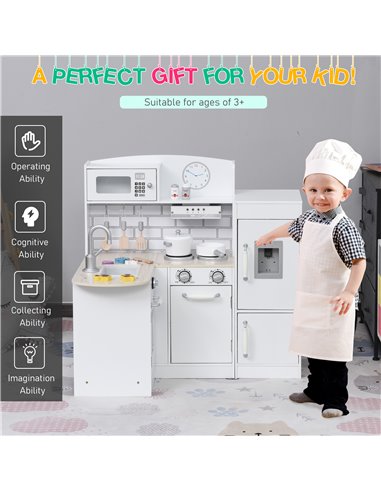 HOMCOM Kids Play Kitchen Wooden Toy Kitchen Cooking Set for Children with Drinking Fountain, Microwave, and Fridge White