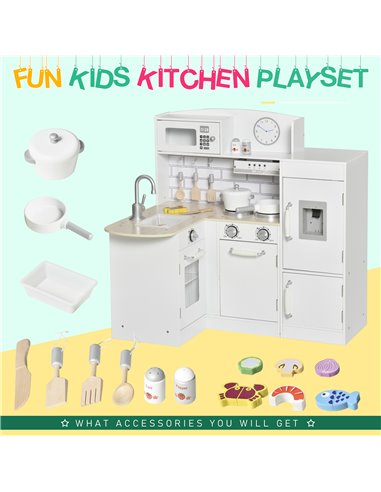 HOMCOM Kids Play Kitchen Wooden Toy Kitchen Cooking Set for Children with Drinking Fountain, Microwave, and Fridge White