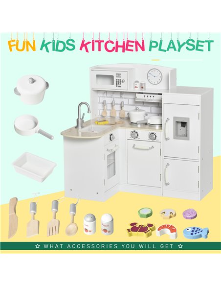 HOMCOM Kids Play Kitchen Wooden Toy Kitchen Cooking Set for Children with Drinking Fountain, Microwave, and Fridge White - pic 5656 | FastDaddyshop