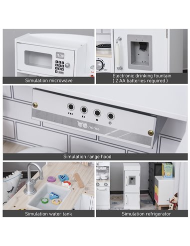 HOMCOM Kids Play Kitchen Wooden Toy Kitchen Cooking Set for Children with Drinking Fountain, Microwave, and Fridge White