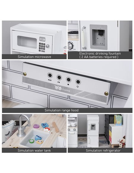 HOMCOM Kids Play Kitchen Wooden Toy Kitchen Cooking Set for Children with Drinking Fountain, Microwave, and Fridge White - pic 5657 | FastDaddyshop