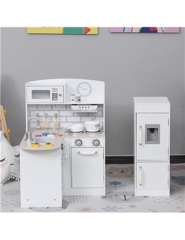 HOMCOM Kids Play Kitchen Wooden Toy Kitchen Cooking Set for Children with Drinking Fountain, Microwave, and Fridge White