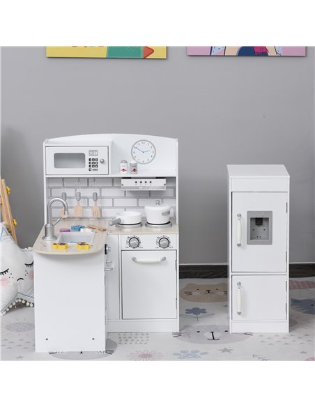 HOMCOM Kids Play Kitchen Wooden Toy Kitchen Cooking Set for Children with Drinking Fountain, Microwave, and Fridge White - pic 5658 | FastDaddyshop
