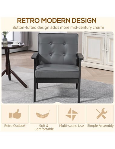 HOMCOM Accent Chair, PU Leather Armchair, Occasional Chair with Beech Wood Frame for Living Room Reception Bedroom Balcony, Grey