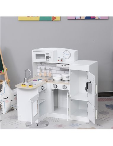 HOMCOM Kids Play Kitchen Wooden Toy Kitchen Cooking Set for Children with Drinking Fountain, Microwave, and Fridge White