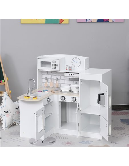 HOMCOM Kids Play Kitchen Wooden Toy Kitchen Cooking Set for Children with Drinking Fountain, Microwave, and Fridge White - pic 5659 | FastDaddyshop
