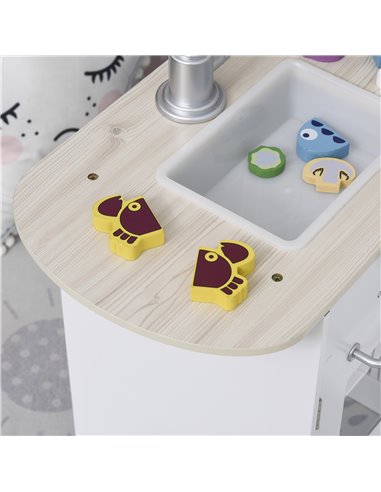 HOMCOM Kids Play Kitchen Wooden Toy Kitchen Cooking Set for Children with Drinking Fountain, Microwave, and Fridge White