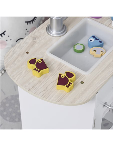 HOMCOM Kids Play Kitchen Wooden Toy Kitchen Cooking Set for Children with Drinking Fountain, Microwave, and Fridge White - pic 5660 | FastDaddyshop
