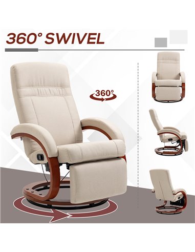 HOMCOM Swivel Recliner Chair with Extended Footrest, Manual Reclining Armchair with Wood Base for Living Room, Bedroom, Beige 83