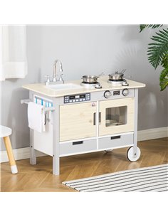 Homcom Kids Wooden Play Kitchen Set with Wheels, Sink, Cooking Bench, Drawers 2