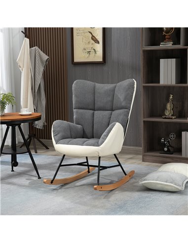 HOMCOM Rocking Chair for Nursery, Upholstered Wingback Armchair with Steel and Wood Legs for Living Room, Bedroom, Balcony, Grey