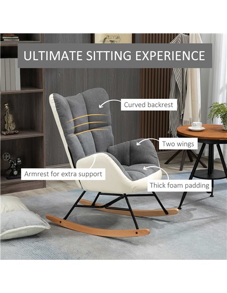 HOMCOM Rocking Chair for Nursery, Upholstered Wingback Armchair with Steel and Wood Legs for Living Room, Bedroom, Balcony, Grey - pic 56613 | FastDaddyshop