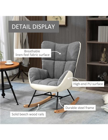 HOMCOM Rocking Chair for Nursery, Upholstered Wingback Armchair with Steel and Wood Legs for Living Room, Bedroom, Balcony, Grey - pic 56614 | FastDaddyshop