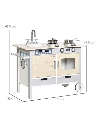 HOMCOM Kids Kitchen Play Cooking Toy Set, Educational Pretend Role Playset Game with Wheels, Sink, Cooking Bench, Drawers, Natur