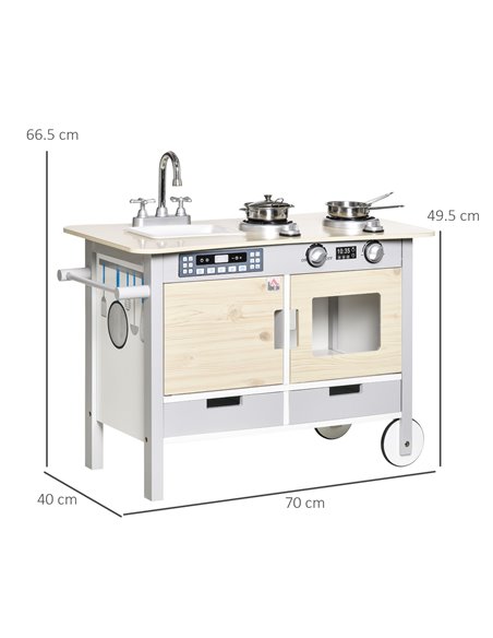 HOMCOM Kids Kitchen Play Cooking Toy Set, Educational Pretend Role Playset Game with Wheels, Sink, Cooking Bench, Drawers, Natur - pic 5662 | FastDaddyshop