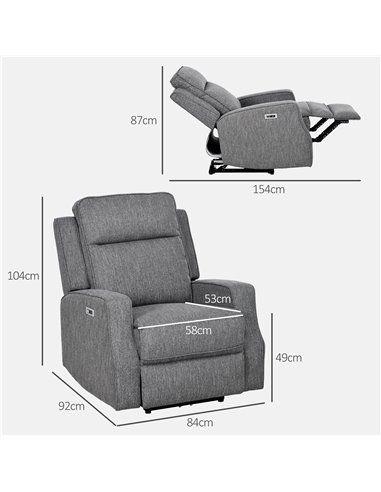 HOMCOM Electric Recliner Armchair, Recliner Chair with Adjustable Leg Rest, USB Port, Charcoal Grey 833-987V71CG