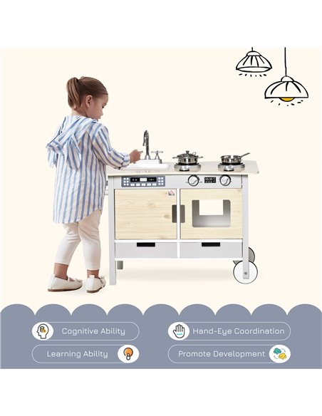 HOMCOM Kids Kitchen Play Cooking Toy Set, Educational Pretend Role Playset Game with Wheels, Sink, Cooking Bench, Drawers, Natur - pic 5663 | FastDaddyshop