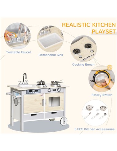 HOMCOM Kids Kitchen Play Cooking Toy Set, Educational Pretend Role Playset Game with Wheels, Sink, Cooking Bench, Drawers, Natur