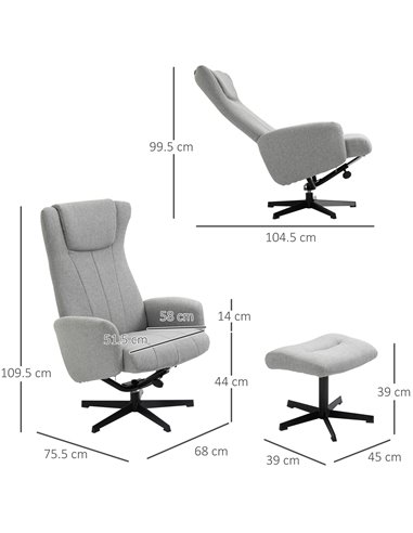 HOMCOM Linen Fabric Recliner and Ottoman Set, Swivel Leisure Lounge Chair with Footstool, 135° Adjustable Backrest and Thick Foa