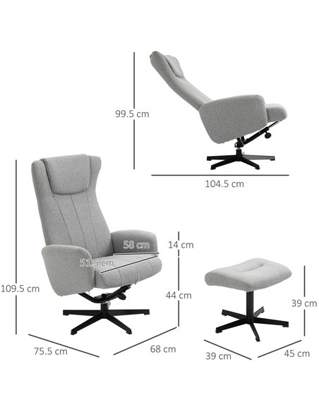 HOMCOM Linen Fabric Recliner and Ottoman Set, Swivel Leisure Lounge Chair with Footstool, 135° Adjustable Backrest and Thick Foa - pic 56647 | FastDaddyshop