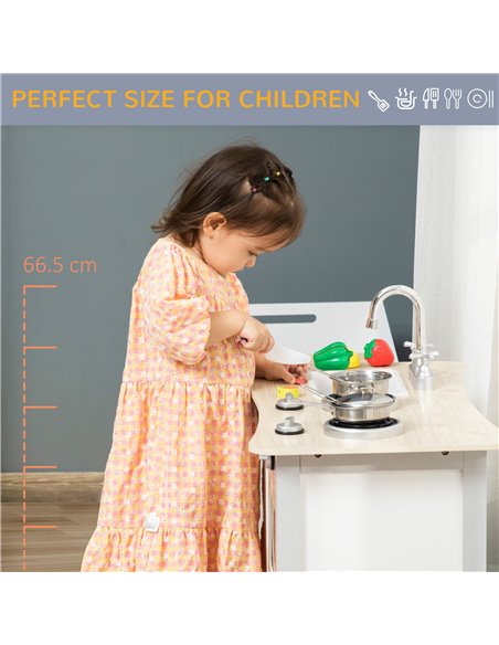 HOMCOM Kids Kitchen Play Cooking Toy Set, Educational Pretend Role Playset Game with Wheels, Sink, Cooking Bench, Drawers, Natur - pic 5665 | FastDaddyshop