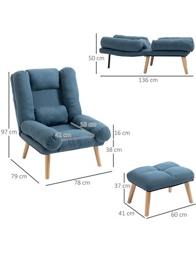 HOMCOM Occasional Recliner with Ottoman, 3-Position Adjustable Linen Fabric Reclining Lounger, Lazy Cushioned Sofa Chair with Fo
