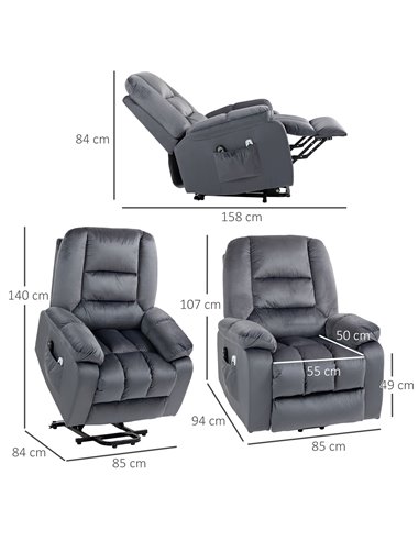 HOMCOM Lift Chair, Quick Assembly, Electric Riser and Recliner Chair with Vibration Massage, Heat, Side Pockets, Grey 713-160V70