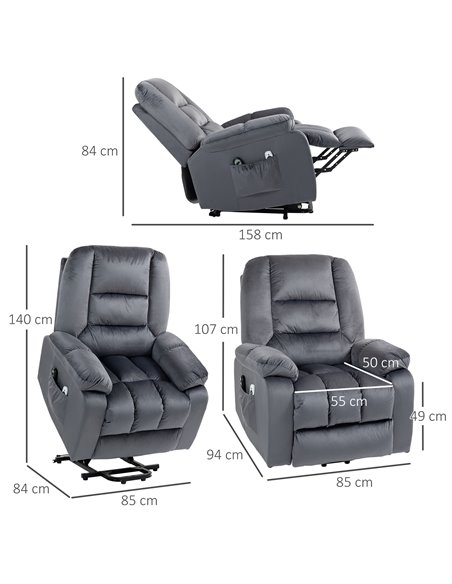 HOMCOM Lift Chair, Quick Assembly, Electric Riser and Recliner Chair with Vibration Massage, Heat, Side Pockets, Grey 713-160V70 - pic 56683 | FastDaddyshop