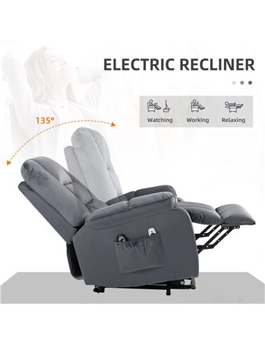HOMCOM Lift Chair, Quick Assembly, Electric Riser and Recliner Chair with Vibration Massage, Heat, Side Pockets, Grey 713-160V70