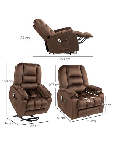 HOMCOM Lift Chair, Quick Assembly, Electric Riser and Recliner Chair with Vibration Massage, Heat, Side Pockets, Brown 713-160V7