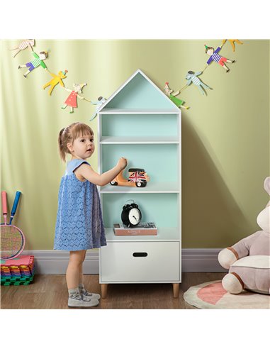 HOMCOM Children's 5-Tier Bookshelf with Drawer, MDF Storage for Books and Toys, White/Blue 311-011