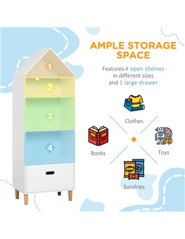 HOMCOM Children's 5-Tier Bookshelf with Drawer, MDF Storage for Books and Toys, White/Blue 311-011