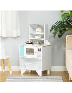 Homcom Kids Wooden Play Kitchen with Multiple Storage, Cooking Bench, Pots, Storage Basket 2