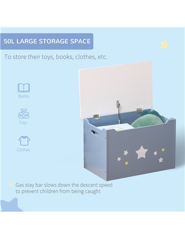 HOMCOM Children's Toy Storage Box, Wooden Chest with Safety Hinge and Air Vents, Side Handles, Blue 311-019