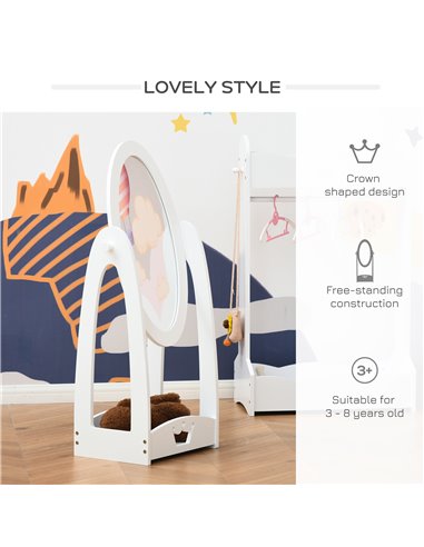 HOMCOM Free Standing Full Length Mirror, Child's Dressing Mirror with storage shelf 360° Rotation MDF, For 3- 8 Years Old, 40L x