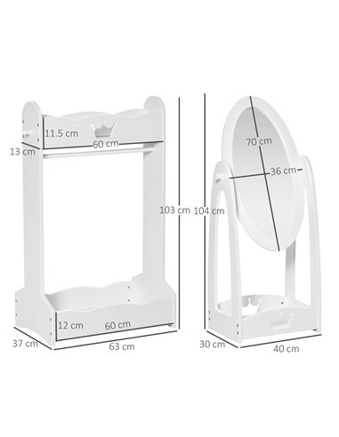 HOMCOM Children's Dressing Area Set with 360° Rotatable Mirror, Clothes Hanging Rail, and Storage Shelves, White 311-P002