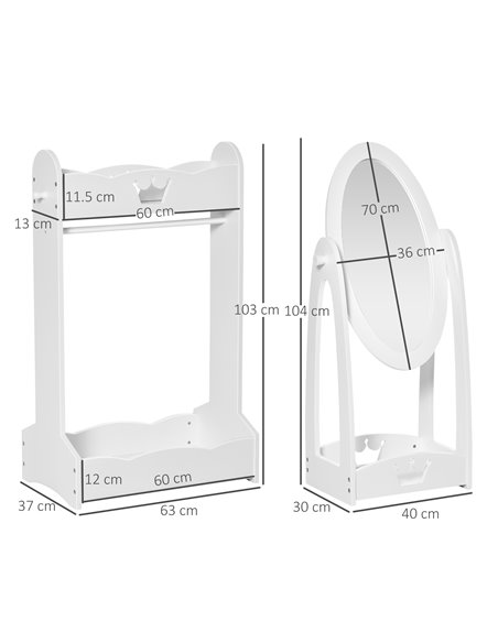 HOMCOM Children's Dressing Area Set with 360° Rotatable Mirror, Clothes Hanging Rail, and Storage Shelves, White 311-P002 - pic 56791 | FastDaddyshop