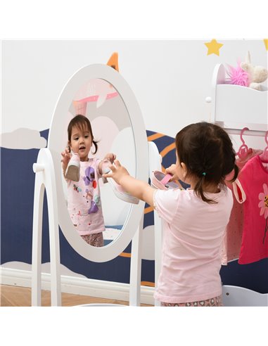 HOMCOM Children's Dressing Area Set with 360° Rotatable Mirror, Clothes Hanging Rail, and Storage Shelves, White 311-P002