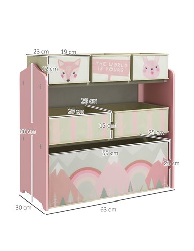 ZONEKIZ Children's Toy Storage Unit with 6 Fabric Bins, Bedroom and Nursery Organiser, 63 x 30 x 66cm, Pink 311-059V80PK