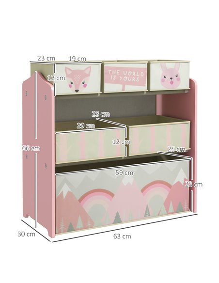 ZONEKIZ Children's Toy Storage Unit with 6 Fabric Bins, Bedroom and Nursery Organiser, 63 x 30 x 66cm, Pink 311-059V80PK - pic 56800 | FastDaddyshop