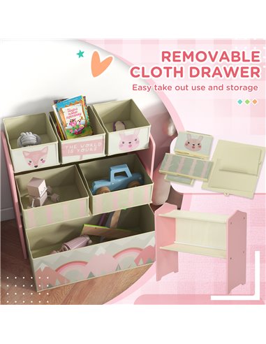 ZONEKIZ Children's Toy Storage Unit with 6 Fabric Bins, Bedroom and Nursery Organiser, 63 x 30 x 66cm, Pink 311-059V80PK