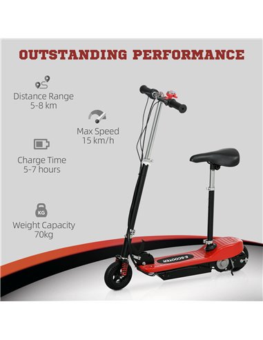 HOMCOM Steel Electric Scooter, Folding E-Scooter with Warning Bell, 15km/h Maximum Speed, for 4-14 Years Old, Red AA1-108V70RD