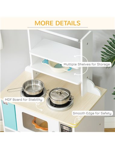 HOMCOM Kids Kitchen Play Cooking Toy Set, Educational Pretend Role Playset Game, Multiple Storage, Cooking Bench, Pots, Storage 