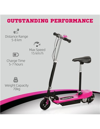 HOMCOM Steel Electric Scooter, Folding E-Scooter with Warning Bell, 15km/h Maximum Speed, for 4-14 Years Old, Pink AA1-108V70PK