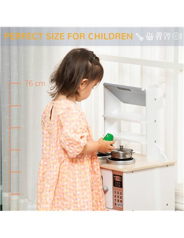 HOMCOM Kids Kitchen Play Cooking Toy Set, Educational Pretend Role Playset Game, Multiple Storage, Cooking Bench, Pots, Storage 