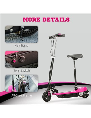 HOMCOM Steel Electric Scooter, Folding E-Scooter with Warning Bell, 15km/h Maximum Speed, for 4-14 Years Old, Pink AA1-108V70PK